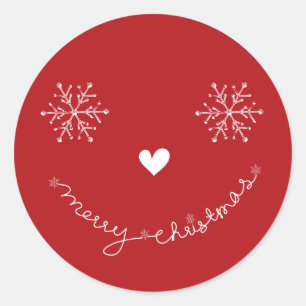 Sticker Rond Joyeux Noël Snowflakes Smiley Face Rouge Holiday