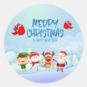 Sticker Rond Joyeux Noël Snowman Père Noël Rudolph Elf