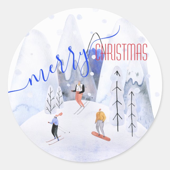 Sticker Rond Joyeux Noël Snowy Mountain Scenes Skieurs (Devant)