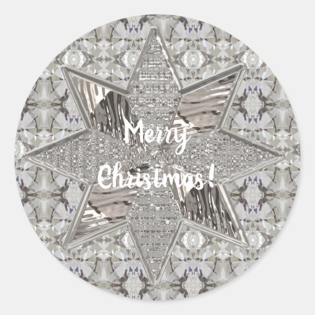 Sticker Rond Joyeux Noël Star Élégant Faux Silver Foil (Devant)