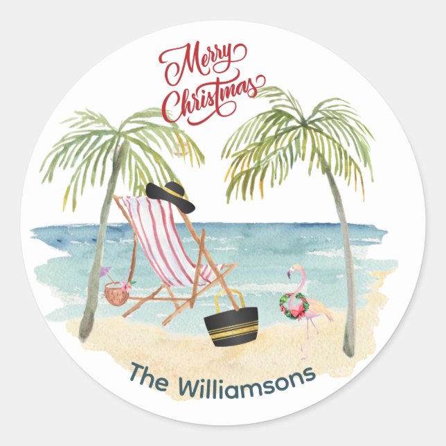 Sticker Rond Joyeux Noël sur la plage Nom de famille (Devant)