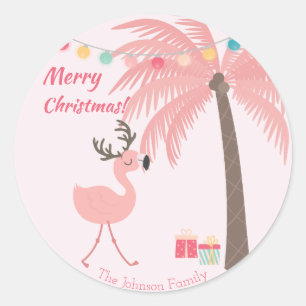 Sticker Rond Joyeux Noël - Sweet Tropical Père Noël Flamant ros