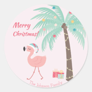 Sticker Rond Joyeux Noël - Sweet Tropical Père Noël Flamant ros