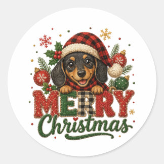 Sticker Rond Joyeux Noël teckel mignon
