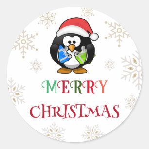 Sticker Rond joyeux Noël typographie colorée père Noël pingouin