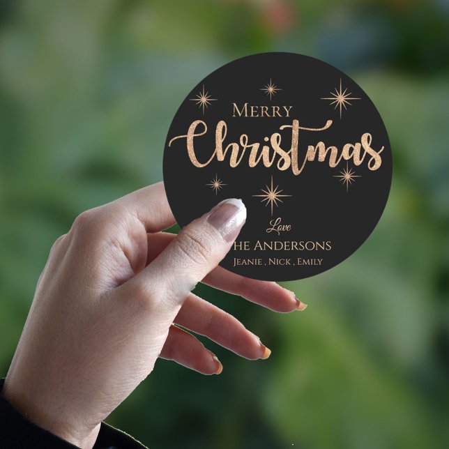 Sticker Rond Joyeux Noël Typographie Nom Faux Or Noir (Créateur téléchargé)