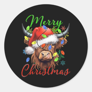 Sticker Rond Joyeux Noël Vache Highland Ouest Santa Hat Xma