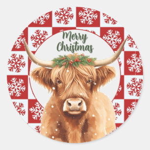 Sticker Rond Joyeux Noël Verdure Vache Highland Miniature