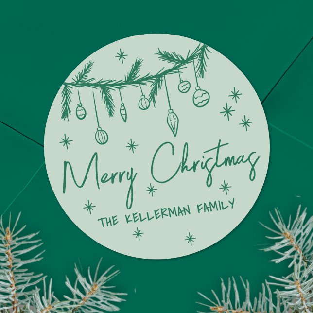 Sticker Rond Joyeux Noël Vert Dessiné à la Main (Hand Drawn Green Merry Christmas Classic Round Sticker)