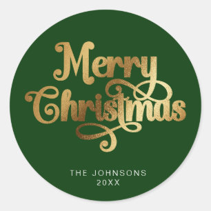 Sticker Rond Joyeux Noël vert et or Retro Script personnalisé