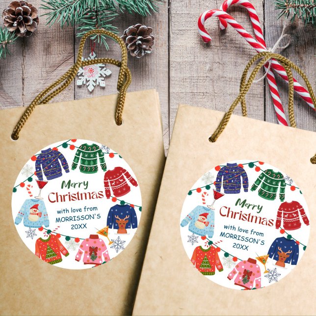 Sticker Rond Joyeux Noël Vilain fête de pull drôle (Merry Christmas Ugly sweater party funny Stickers Christmas stickers)