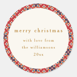 Sticker Rond Joyeux Noël vintage rouge bleu géométrique