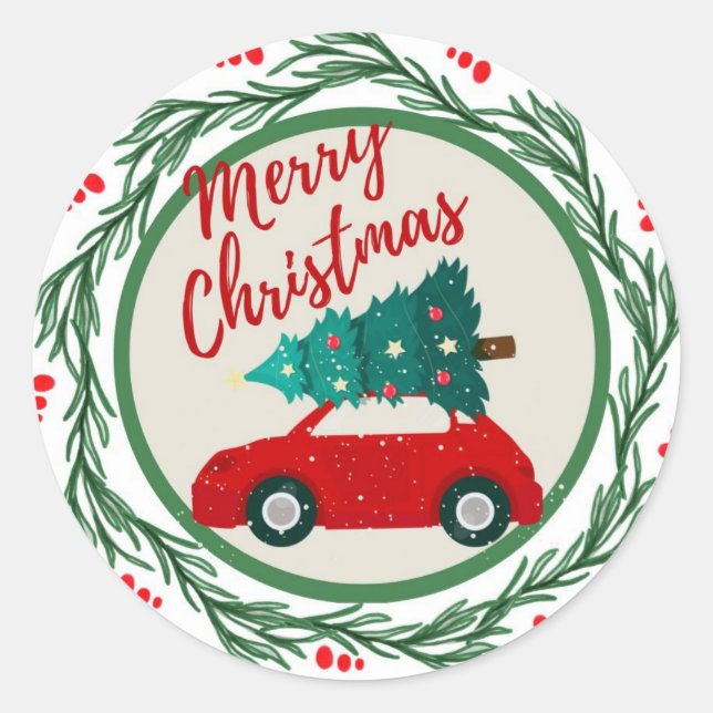 Sticker Rond Joyeux Noël vintage voiture rouge (Devant)