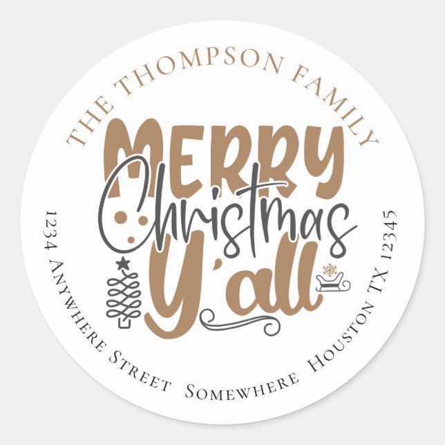 Sticker Rond Joyeux Noël Y’All Gold Retour Nom Adresse (Devant)