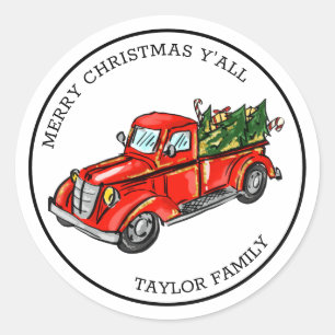 Sticker Rond joyeux noël y'all camion rouge vintage