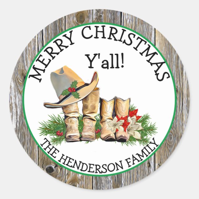 Sticker Rond Joyeux Noël Y'all Country et Western Rustic (Devant)