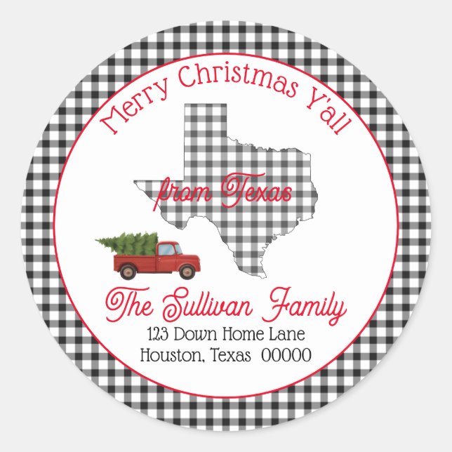 Sticker Rond Joyeux Noël Y'all du Texas Retour Adresse (Devant)