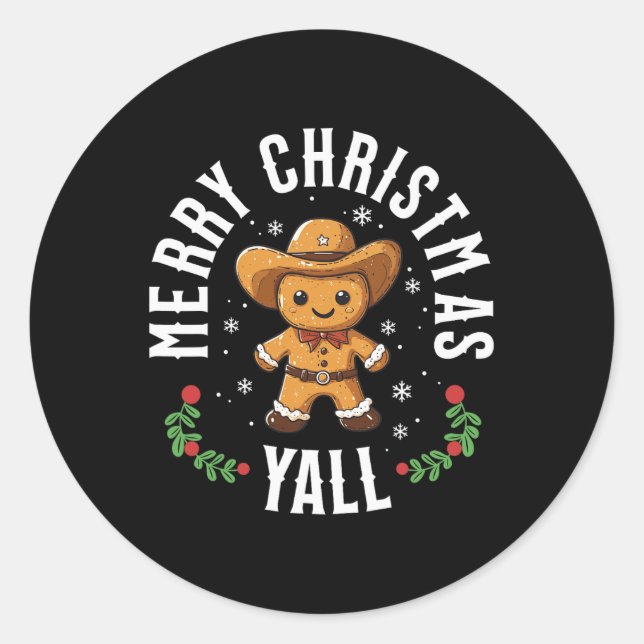 Sticker Rond Joyeux Noël Yall Gingerbread Cowboy Howdy West (Devant)