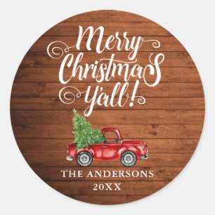 Sticker Rond Joyeux Noël Y'all Rustic Wood Truck