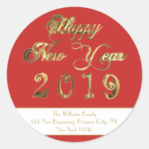 Sticker Rond Joyeux Nouvel An 2019 Rouge et Blanc Gold Script
