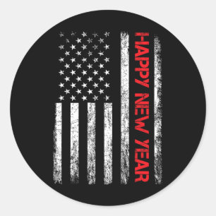 Sticker Rond Joyeux Nouvel An 2025 Drapeau américain Feu de fam