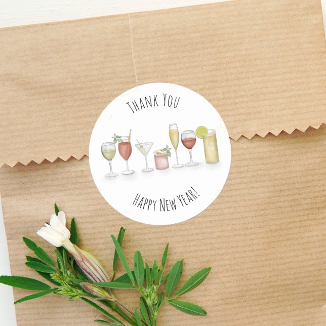 Sticker Rond Joyeux Nouvel An Aquarelle Cocktails Merci (Créateur téléchargé)