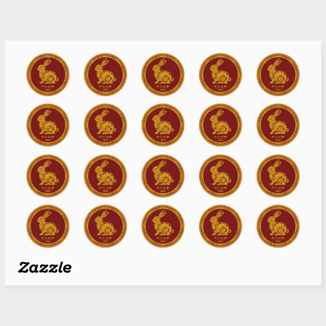 Sticker Rond Joyeux Nouvel An Chinois 2023 Rabbit Red Gold 1,5" (Feuille)