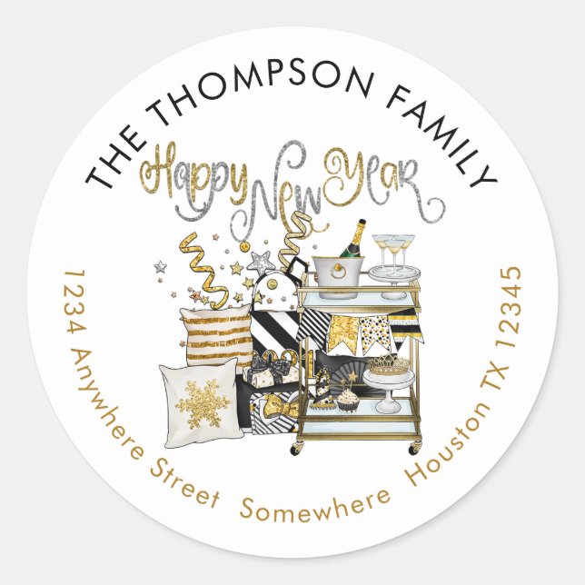 Sticker Rond Joyeux Nouvel An Gold Noir Nom de retour Adresse (Devant)