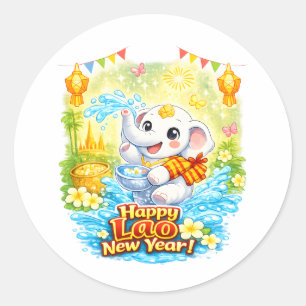 Sticker Rond Joyeux Nouvel An lao – Douce éléphant blanc Pi Mai