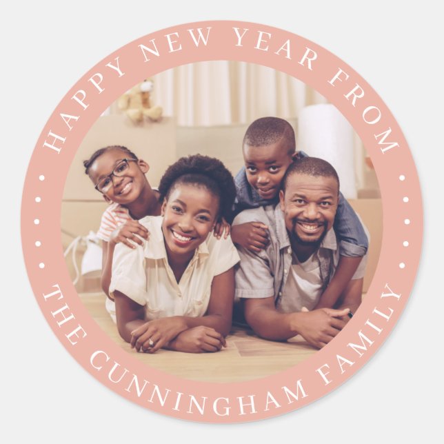 Sticker Rond Joyeux Nouvel An Moderne Simple Chic Photo Famille (Devant)