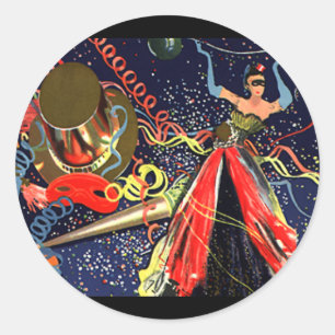 Sticker Rond Joyeux Nouvel An vintage avec Confetti