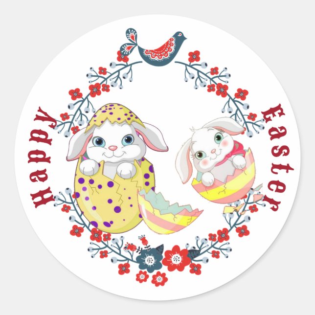 Sticker Rond Joyeux Oeuf Lapin de Pâques Floral Wreath Oiseau (Devant)