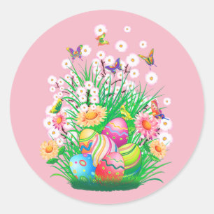 Sticker Rond Joyeux Oeufs de Pâques et design floral