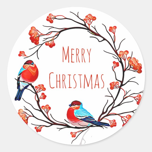Sticker Rond Joyeux Oiseaux de Noël sur une branche de Berry (Devant)