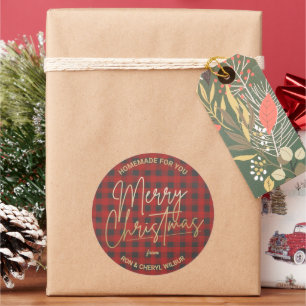 Sticker Rond Joyeux or Noël Buffle rouge Plaid fait maison