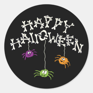 Sticker Rond Joyeux os d'Halloween et araignées