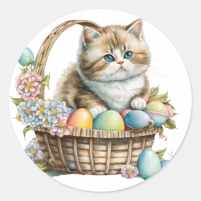 Sticker Rond Joyeux panier de chat de Pâques avec oeufs et fleu (Devant)