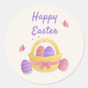 Sticker Rond Joyeux panier de Pâques et papillons