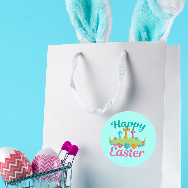 Sticker Rond Joyeux Pâques Belles Fleurs Religieuses Croix (Créateur téléchargé)