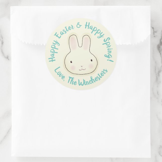 Sticker Rond Joyeux Pâques Joyeux Printemps pastel mignon lapin (Sac)