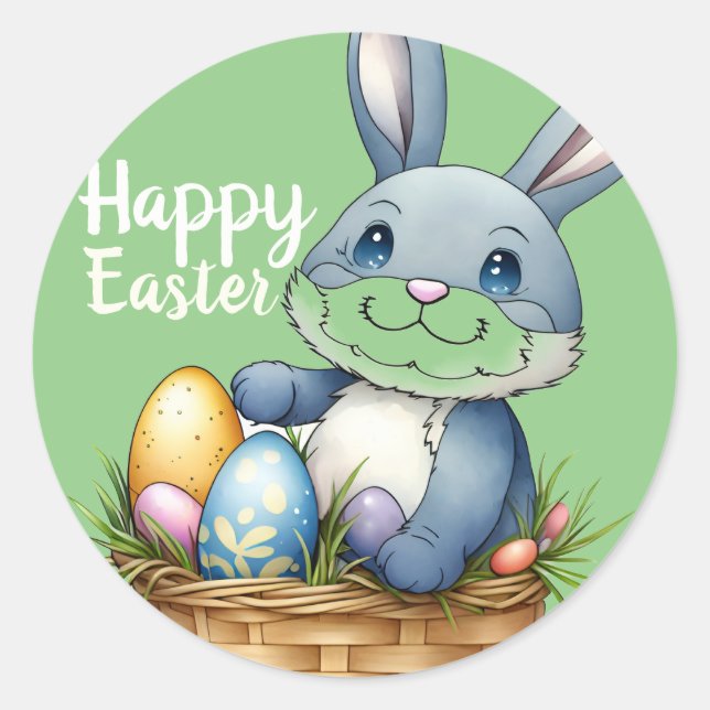 Sticker Rond Joyeux Pâques, Lapin Dans Le Panier D'Oeufs (Devant)