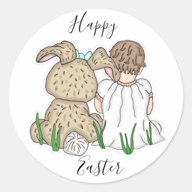 Sticker Rond Joyeux Pâques | Petite fille et lapin de Pâques (Devant)