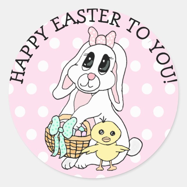 Sticker Rond Joyeux Pâques pour vous lapin et poussin (Devant)