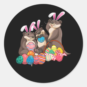 Sticker Rond Joyeux Pâques Trois Otter portant Bunny Ear Otter