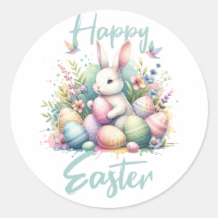 Sticker Rond Joyeux pastel de Pâques Easter Bunny Egg aquarelle