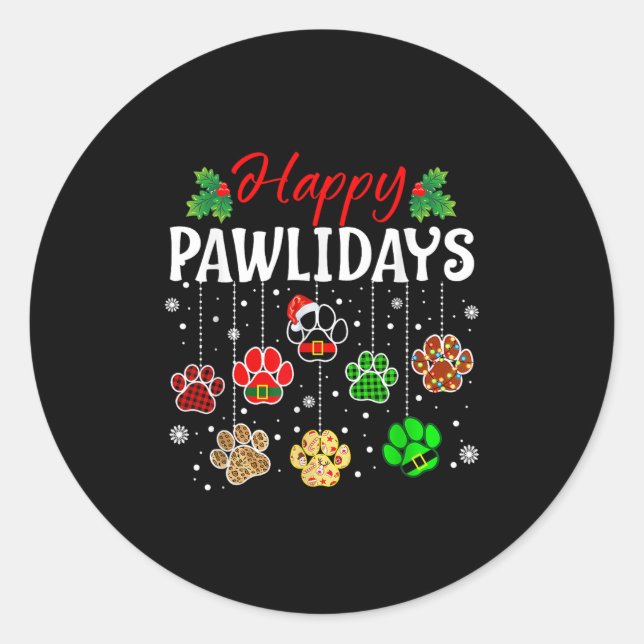 Sticker Rond Joyeux Pawlidays Funny Christmas Chien Paw Xmas Ch (Devant)