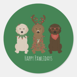 Sticker Rond Joyeux Pawlidays Goldendoodle lumières de Noël
