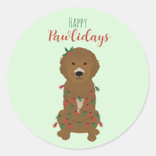 Sticker Rond Joyeux Pawlidays Goldendoodle lumières de Noël