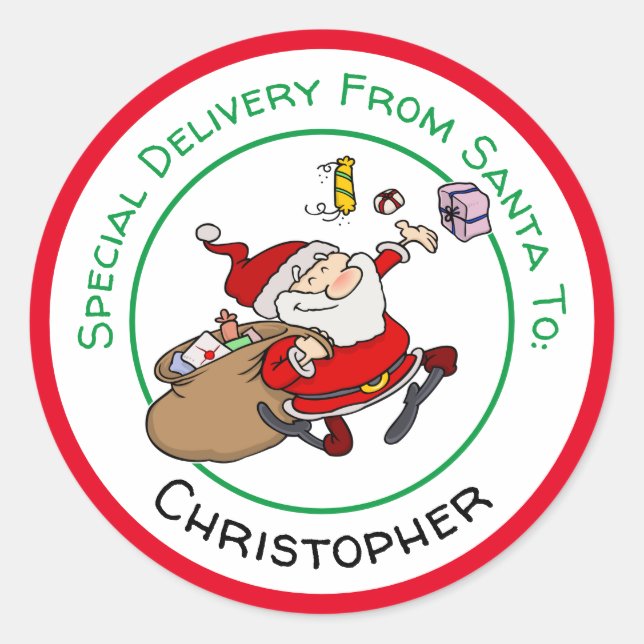 Sticker Rond Joyeux Père Noël livrant des cadeaux de Noël (Devant)