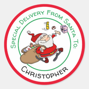 Sticker Rond Joyeux Père Noël livrant des cadeaux de Noël